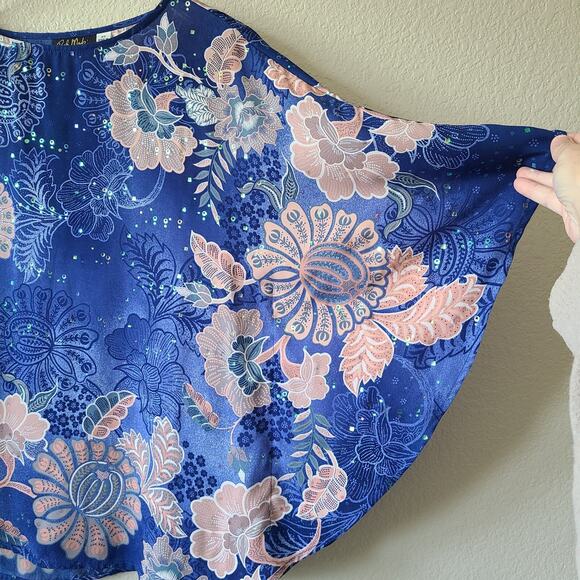 Bob Mackie Wearable Art Sheer Poncho‎ Top XS Women Sequin Blue Floral Fairy - Picture 4 of 10